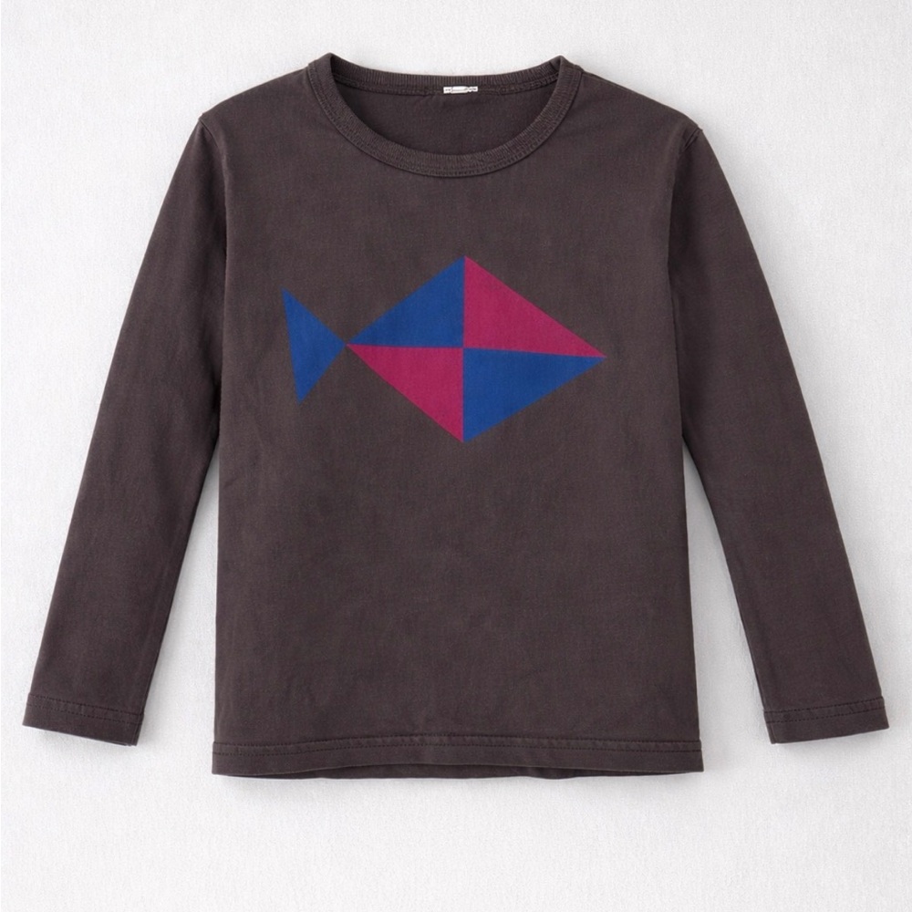 Kids Graphic Long Sleeve Shirt Dark Gray with Blue and Pink Fish Design 3t